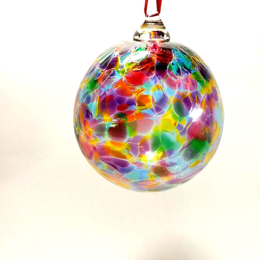 Glassometry Studios Blown Art Glass Ball Ornament Rainbow Hanging Signed